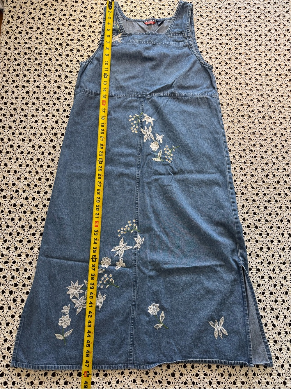 Agapo Denim Overall Midi Maxi Dress Sz M VTG 90s Y2K Embroidered Cottagecore - Picture 2 of 16